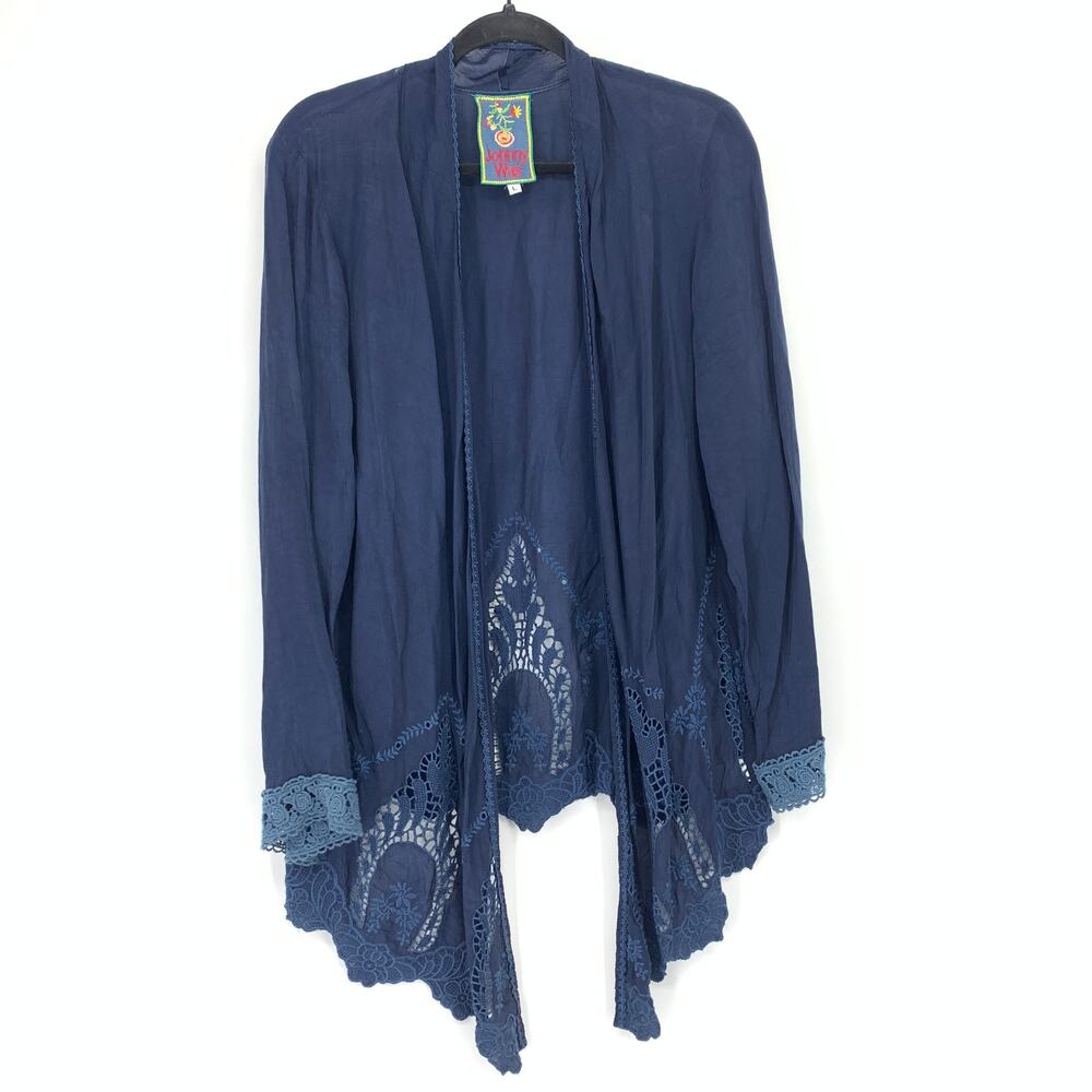 Johnny Was Cardigan Womens L Navy Blue Lace Embroidered Draped Boho Jacket